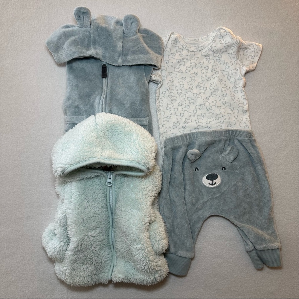 Carter's Baby‎ Boy Outfit Bundle 3M Blue Animal Theme Hoodie Zip Up 4 Piece